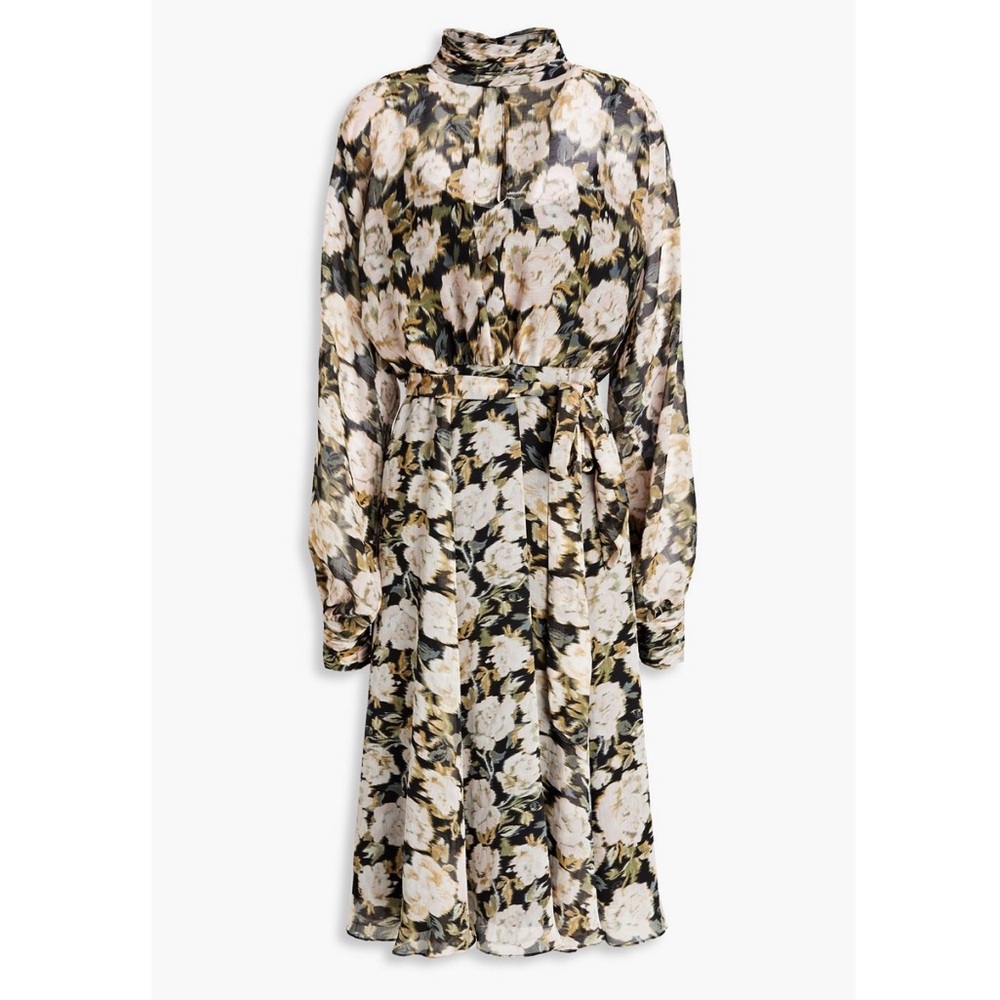 Mikael Aghal Black and Cream Gathered Crepon Floral Dress